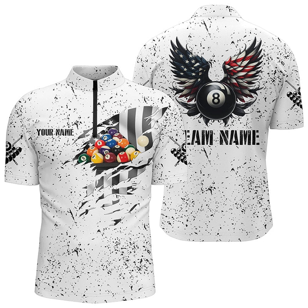 Billiard Polo Shirts, Personalized US Flag Billiard Balls 3D Polo Shirts, White 8 Ball Pool Wings Jerseys, Billiards Team Shirts