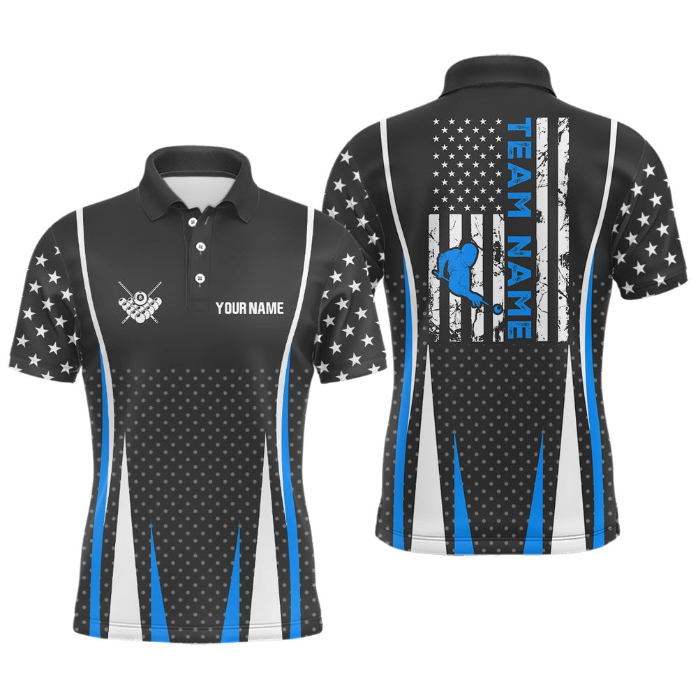 Billiard Polo Shirts, Personalized US Flag Pattern Blue Billiard Polo Shirts, Player Billiards Team Jerseys, Billiards Team Shirts