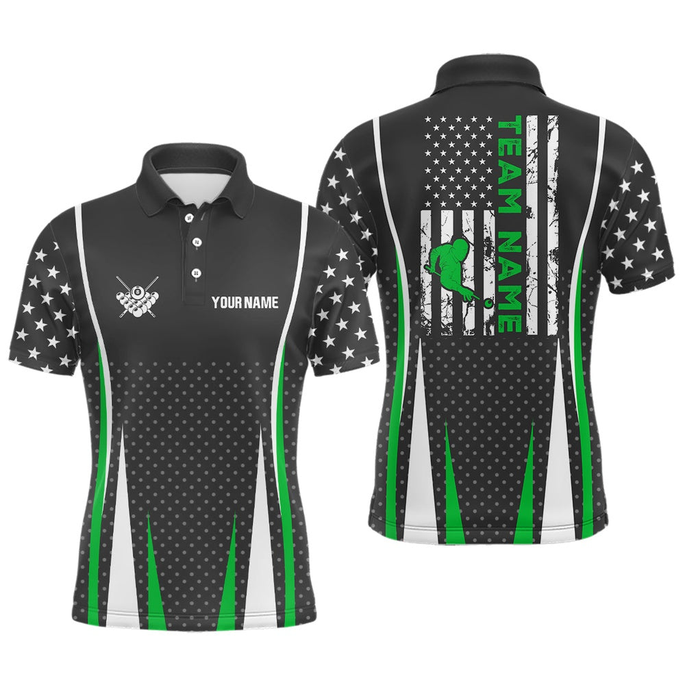 Billiard Polo Shirts, Personalized US Flag Pattern Green Billiard Polo Shirts, Player Billiards Team Jerseys, Billiards Team Shirts