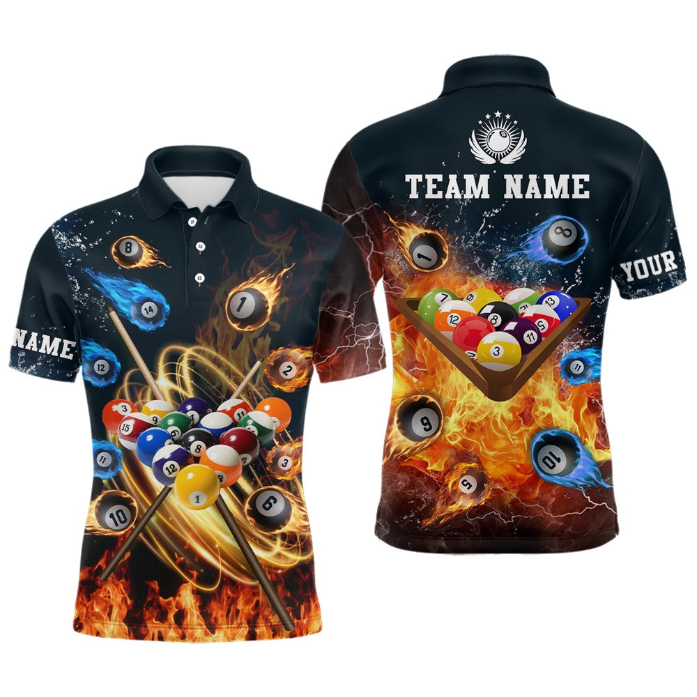 Billiard Polo Shirts, Personalized Water And Fire Billiard Full Printing 3D Polo Shirts Custom Pool Gifts Idea, Billiards Team Shirts