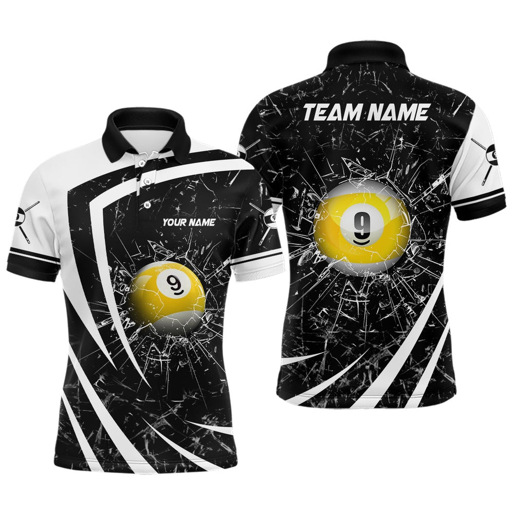 Billiard Polo Shirts, Personalized White Black Glass Break 9 Ball Pool 3D Polo Shirts Billiard 9 Ball Team Shirts, Billiards Team Shirts