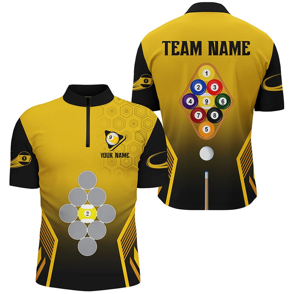 Billiard Polo Shirts, Personalized Yellow Black 9 Ball Pool Billiard Shirts Custom 9 Ball Team Jerseys Shirts, Billiards Team Shirts