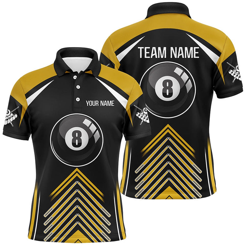 Billiard Polo Shirts, Personalized Yellow Black Billiard 8 Ball Pool 3D Polo Shirts, Custom Name Billiard Jerseys, Billiards Team Shirts