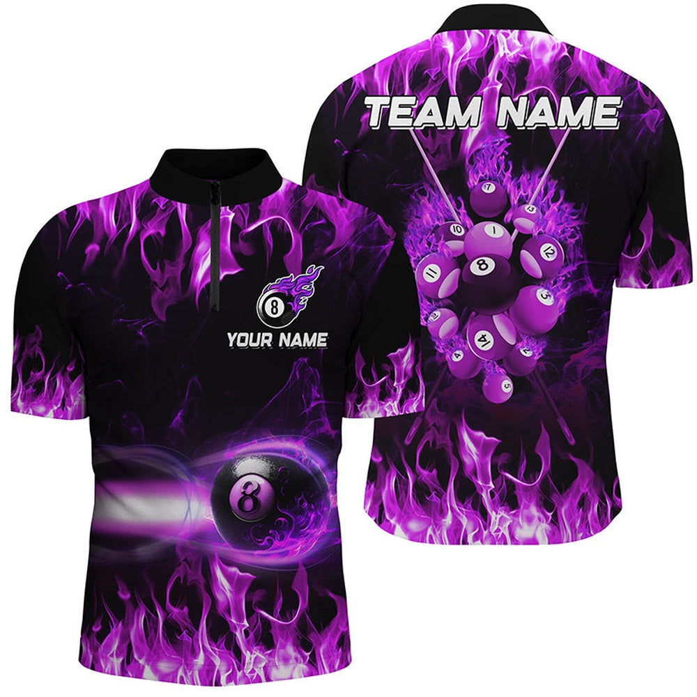 Billiard Polo Shirts, Purple 8 Ball Fire Smoke Pattern Personalized 3D Polo Shirts Best Billiard 8 Ball For Team, Billiards Team Shirts