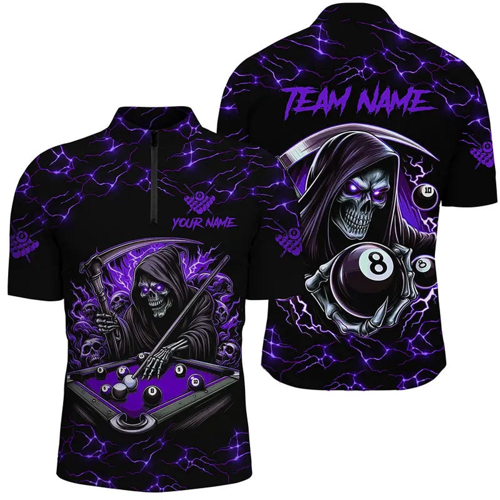 Billiard Polo Shirts, Purple Funny Death Skeleton 8 Ball Pool Billiard Shirts Custom Name Lightning Billiard Jerseys, Billiards Team Shirts