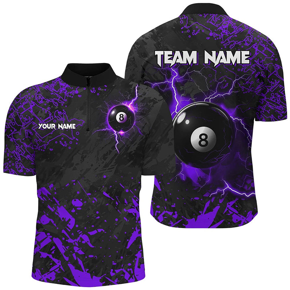 Billiard Polo Shirts, Purple Grunge 8 Ball Pool Thunder Lightning Polo Shirts Custom Team League Billiard Jersey, Billiards Team Shirts