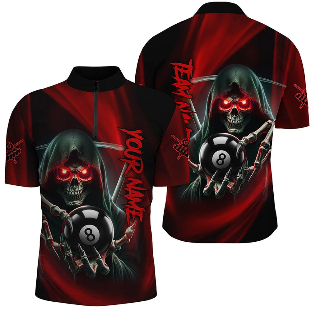 Billiard Polo Shirts, Red Billiard Reaper Skull Holding 8 Ball Polo Shirt Team League Billiard Jersey, Billiards Team Shirts