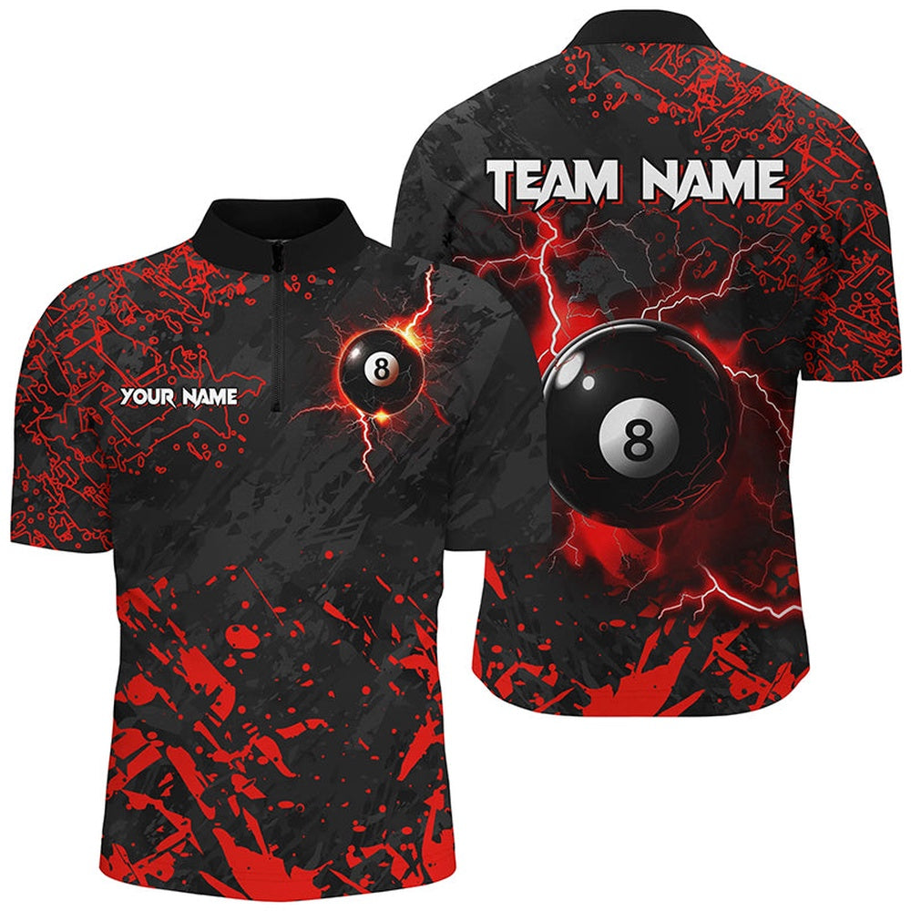 Billiard Polo Shirts, Red Grunge 8 Ball Pool Thunder Lightning Polo Shirts Custom Team League Billiard Jersey Attire, Billiards Team Shirts