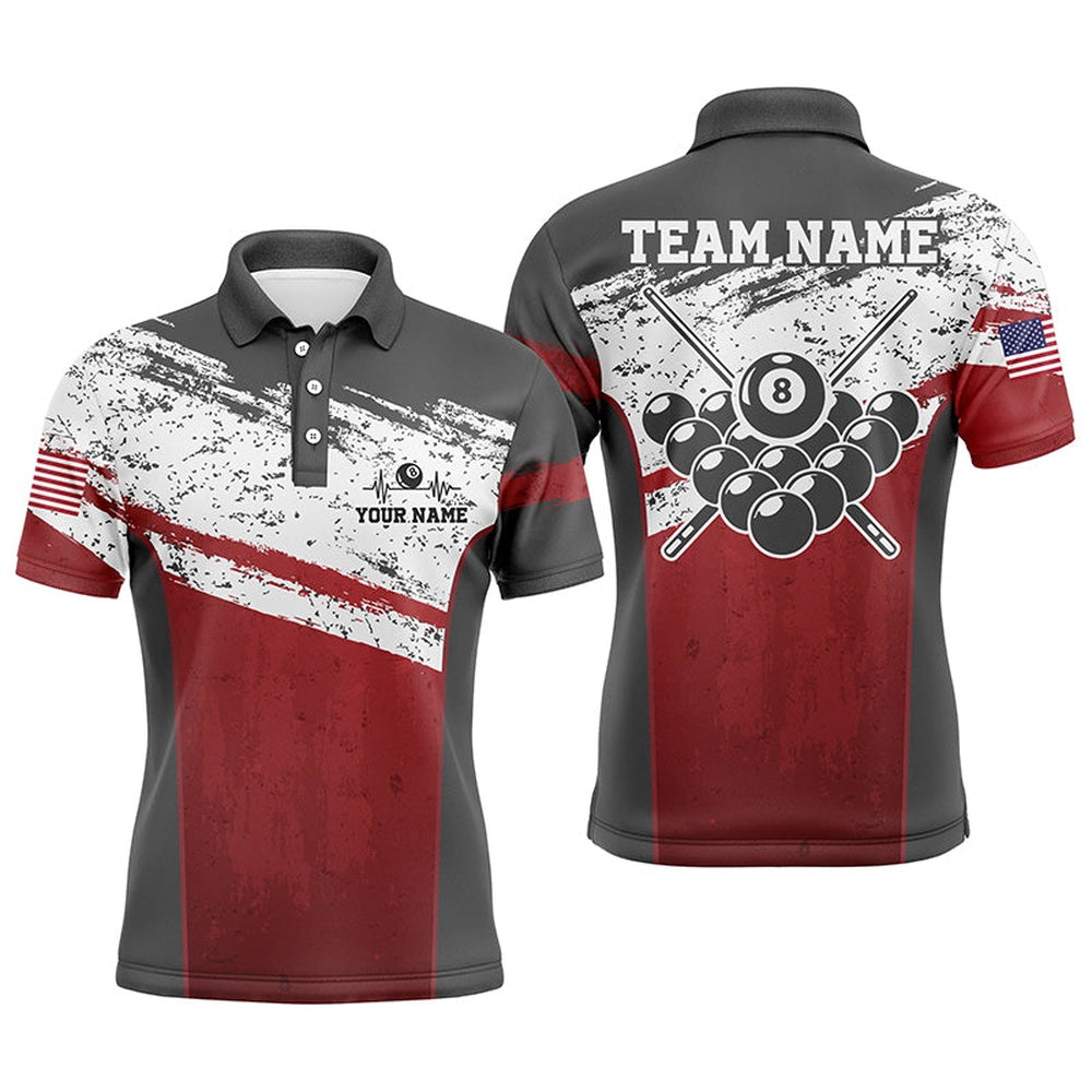Billiard Polo Shirts, Red White Grunge Style Custom Billiard Jerseys, Personalized Name Billiard Polo Shirts, Billiards Team Shirts