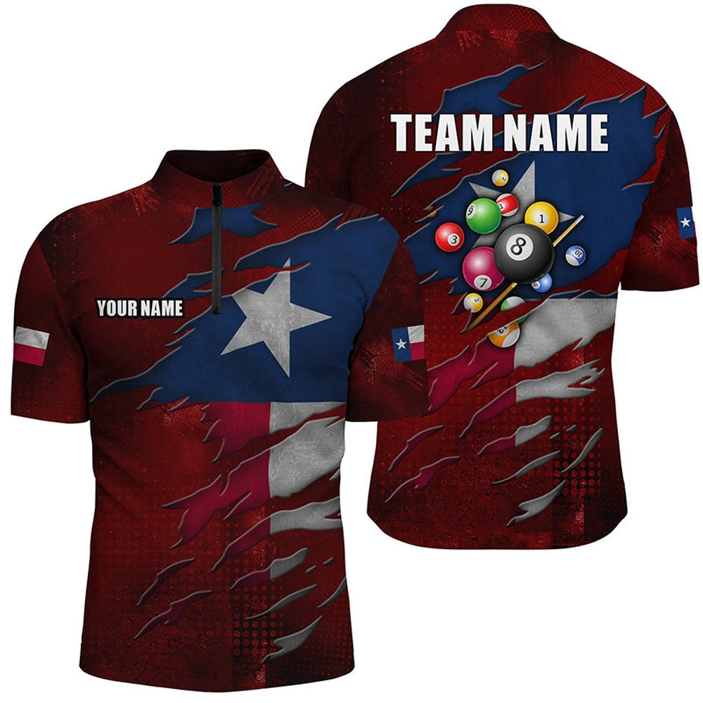 Billiard Polo Shirts, Retro Texas Flag 3D Billiard Balls Pool Shirts Custom Patriotic Billiard Jerseys Attire, Billiards Team Shirts