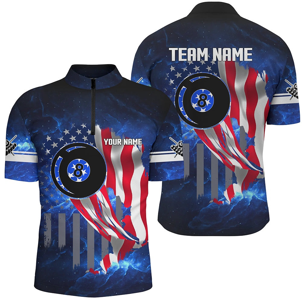 Billiard Polo Shirts, Us Flag Blue Galaxy Custom Billiard Polo Shirts, 8 Ball Pool Team League Shirts, Billiards Team Shirts