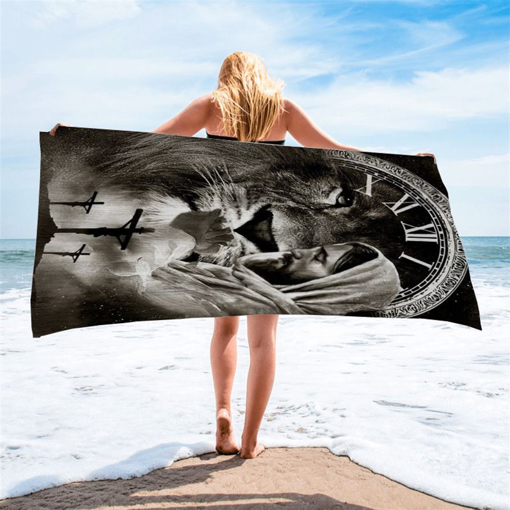 Black And White Drawing Jesus Pray For Healing Lion Of Judah Cross Beach Towel, Christian Beach Towel, Christian Gift, Gift For Women
