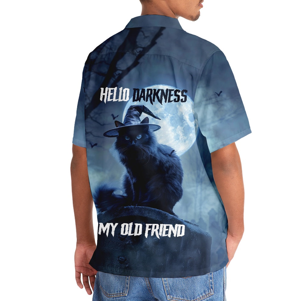 Black Cat Hello Darkness My Old Friend Hawaiian Shirt, Cat Hawaiian Shirt, Funny Hawaiian Shirts