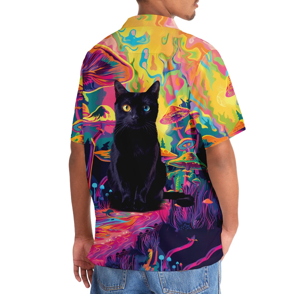 Black Cat Hippie Mushroom Hawaiian Shirt, Cat Hawaiian Shirt, Funny Hawaiian Shirts