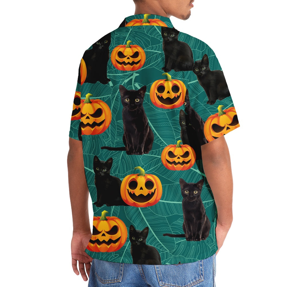 Black Cat Pumpkins Happy Halloween Hawaiian Shirt, Cat Hawaiian Shirt, Funny Hawaiian Shirts