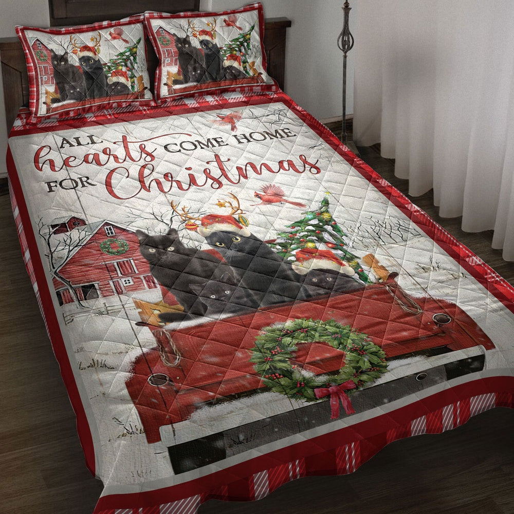 Black Cat Quilt Set, Black Cat With Truckmas Tree Snowflake Farmho Use Red Plaid Quilt Blanket