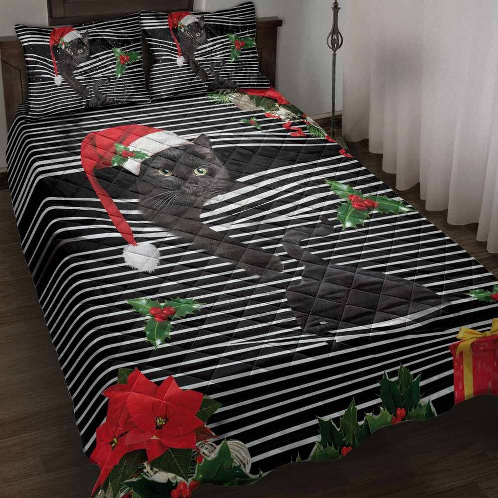 Black Cat Quilt Set, Black Catmas Striped With Santa Hat And Holy Berry Snowflake Quilt Blanket