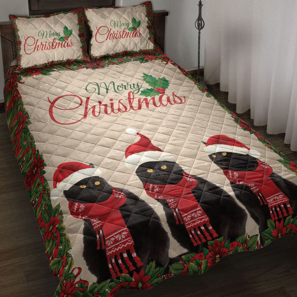 Black Cat Quilt Set, Merrymas Black Cat With Santa Hat Cat Quilt Blanket
