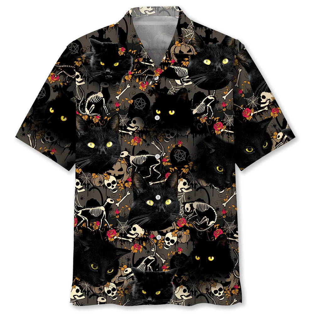 Black Cat Skeleton Hawaiian Shirt, Cat Hawaiian Shirt, Funny Hawaiian Shirts