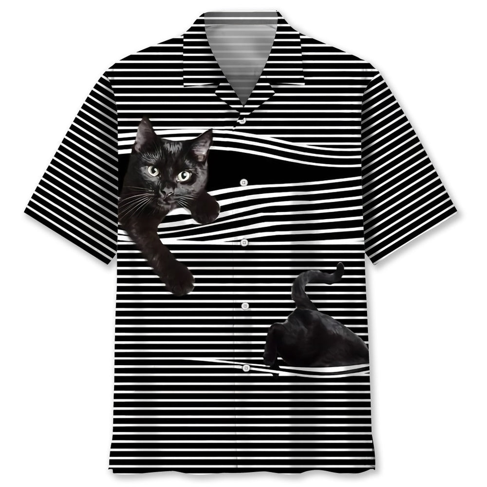 Black Cat Stripes Pattern Hawaiian Shirt, Cat Hawaiian Shirt, Funny Hawaiian Shirts