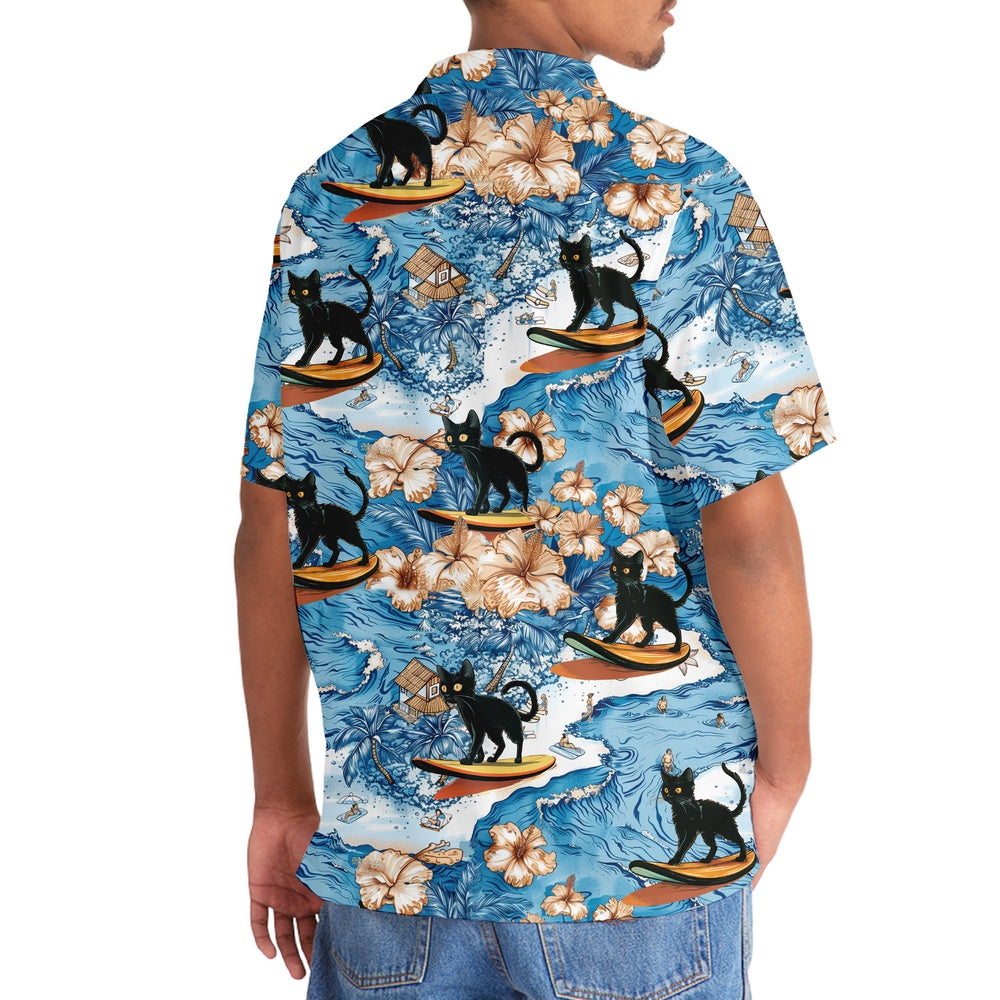 Black Cat Surfing Hawaiian Shirt, Cat Hawaiian Shirt, Funny Hawaiian Shirts