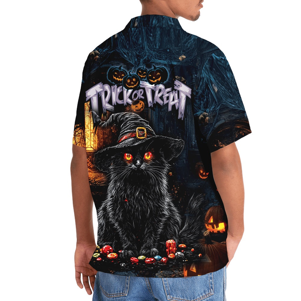 Black Cat Trick Or Treat Hawaiian Shirt, Cat Hawaiian Shirt, Funny Hawaiian Shirts