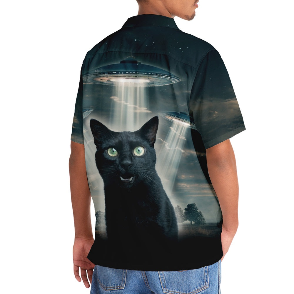 Black Cat Ufo Hawaiian Shirt, Cat Hawaiian Shirt, Funny Hawaiian Shirts