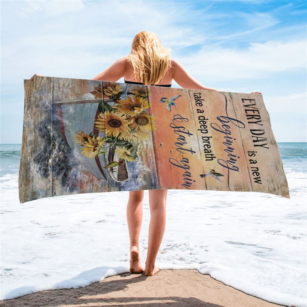 Boat And Sunflower Pretty Sunset Every Day Is A New Beginning Beach Towel, Christian Beach Towel, Christian Gift, Gift For Women