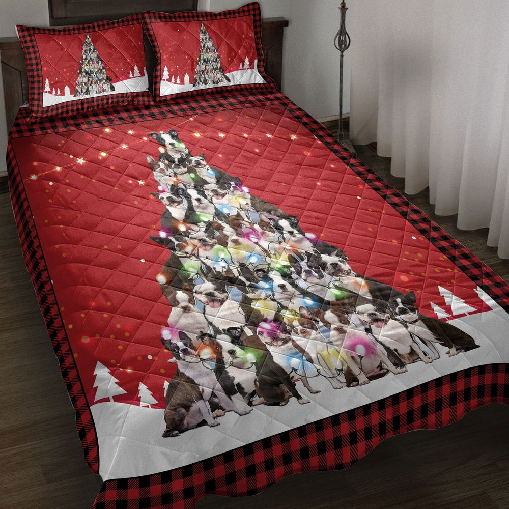 Boston Terrier Quilt Set, Boston Terriermas Noel Xmas Tree Dog Quilt Blanket