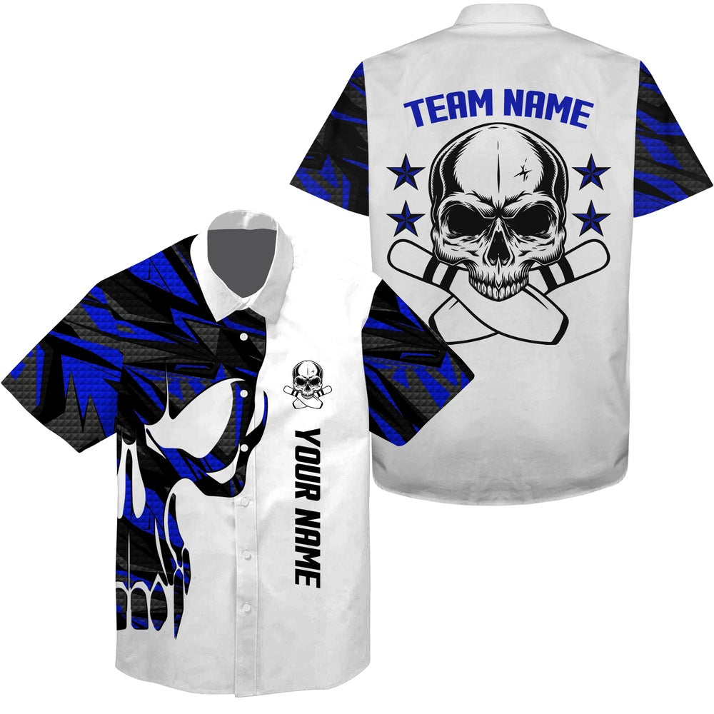 Bowling Hawaiian Shirt, Blue And White Bowling Hawaiian Shirt Skull Bowling, Custom Bowling Team Shirts