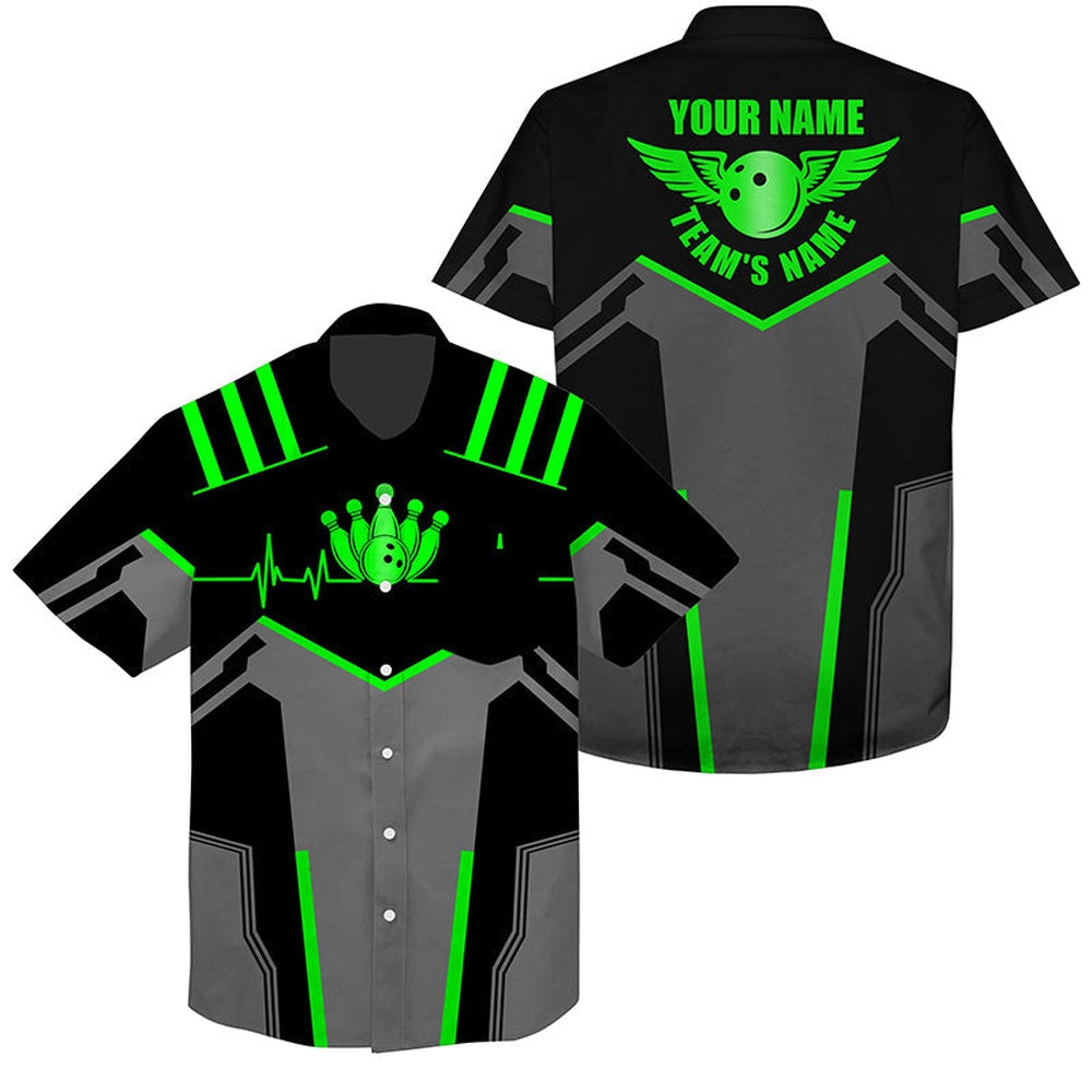 Bowling Hawaiian Shirt, Bowling Hawaiian Shirt Bowling Ball And Pins Green, Custom Bowling Team Shirts