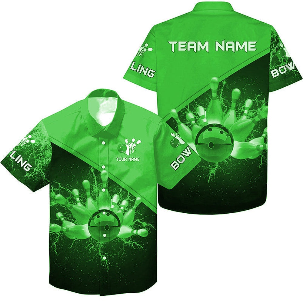 Bowling Hawaiian Shirt, Bowling Hawaiian Shirt, Custom Green Lightning Thunder Bowling Team Jersey, Custom Bowling Team Shirts