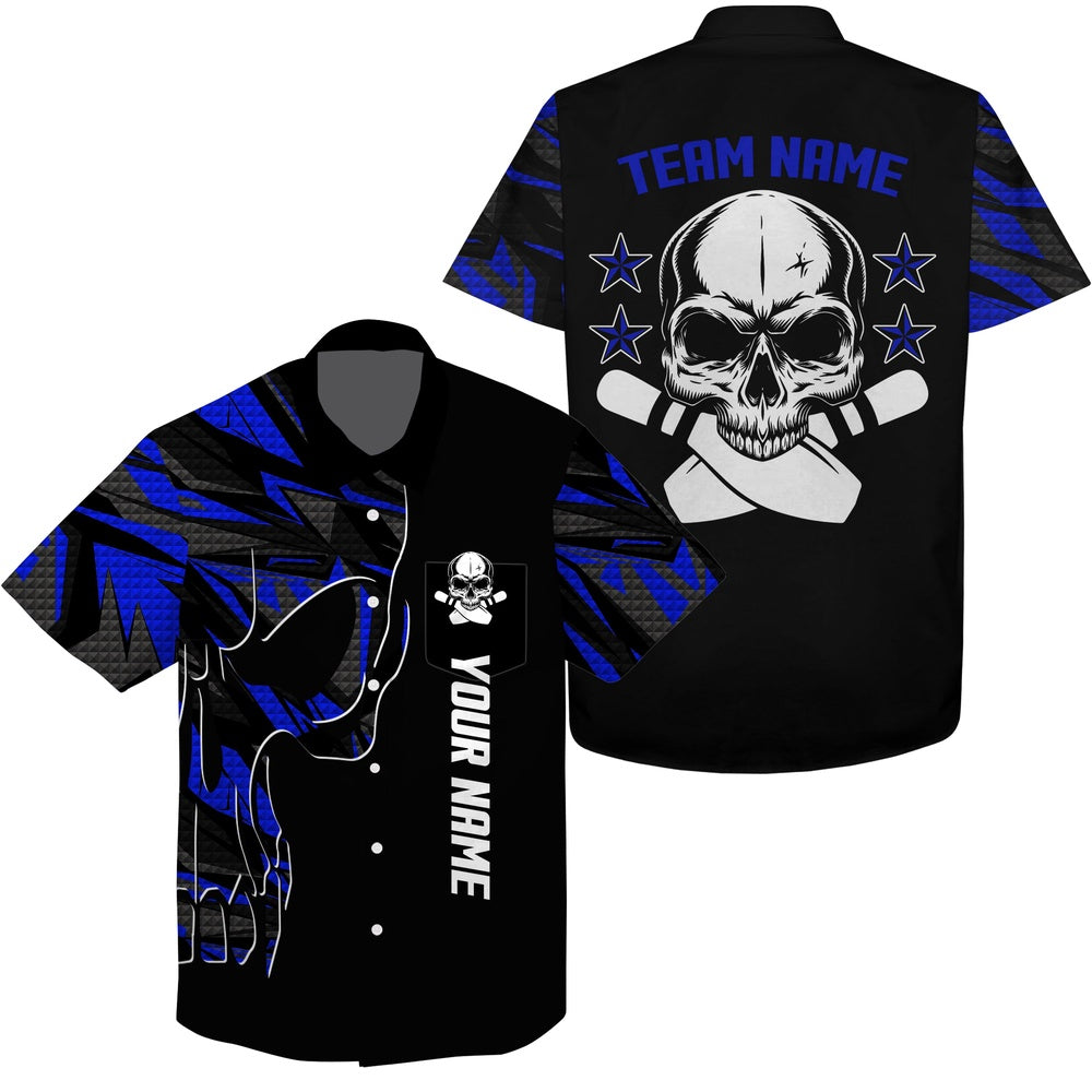 Bowling Hawaiian Shirt, Bowling Hawaiian Shirt Skull Bowling Blue, Custom Bowling Team Shirts