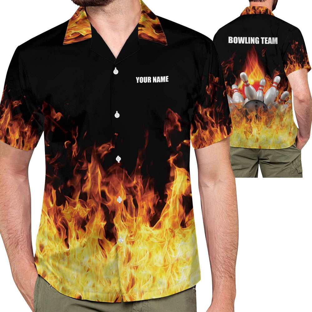 Bowling Hawaiian Shirt, Button-Down Flame Hawaiian Shirt, Custom Bowling Team Shirts