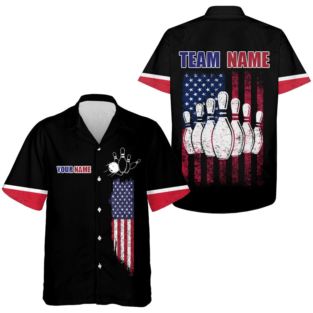 Bowling Hawaiian Shirt, Hawaiian Bowling Shirt, Custom American Flag Bowling Shirt With Name Bowling Team Shirt, Custom Bowling Team Shirts