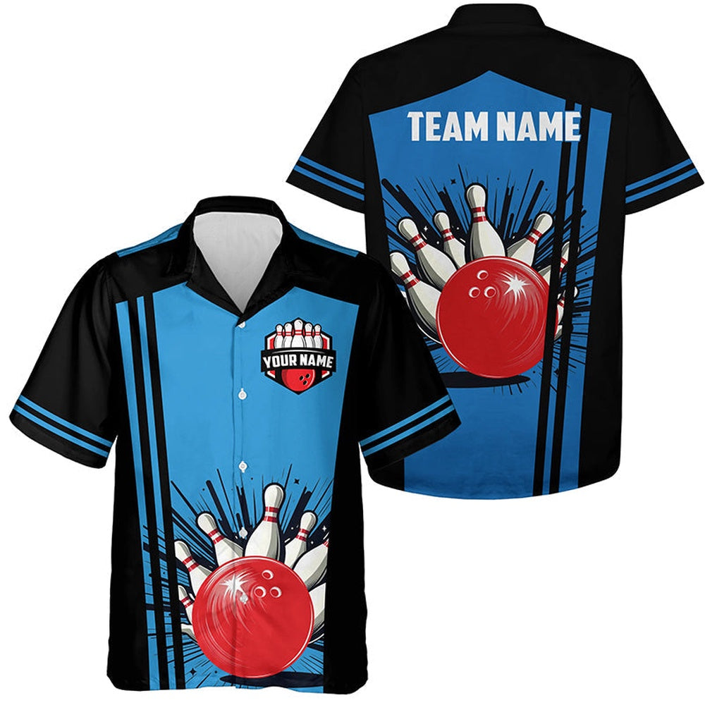 Bowling Hawaiian Shirt, Personalized Black And Blue Retro Bowling Hawaiian Shirts, Custom Bowling Team Shirts