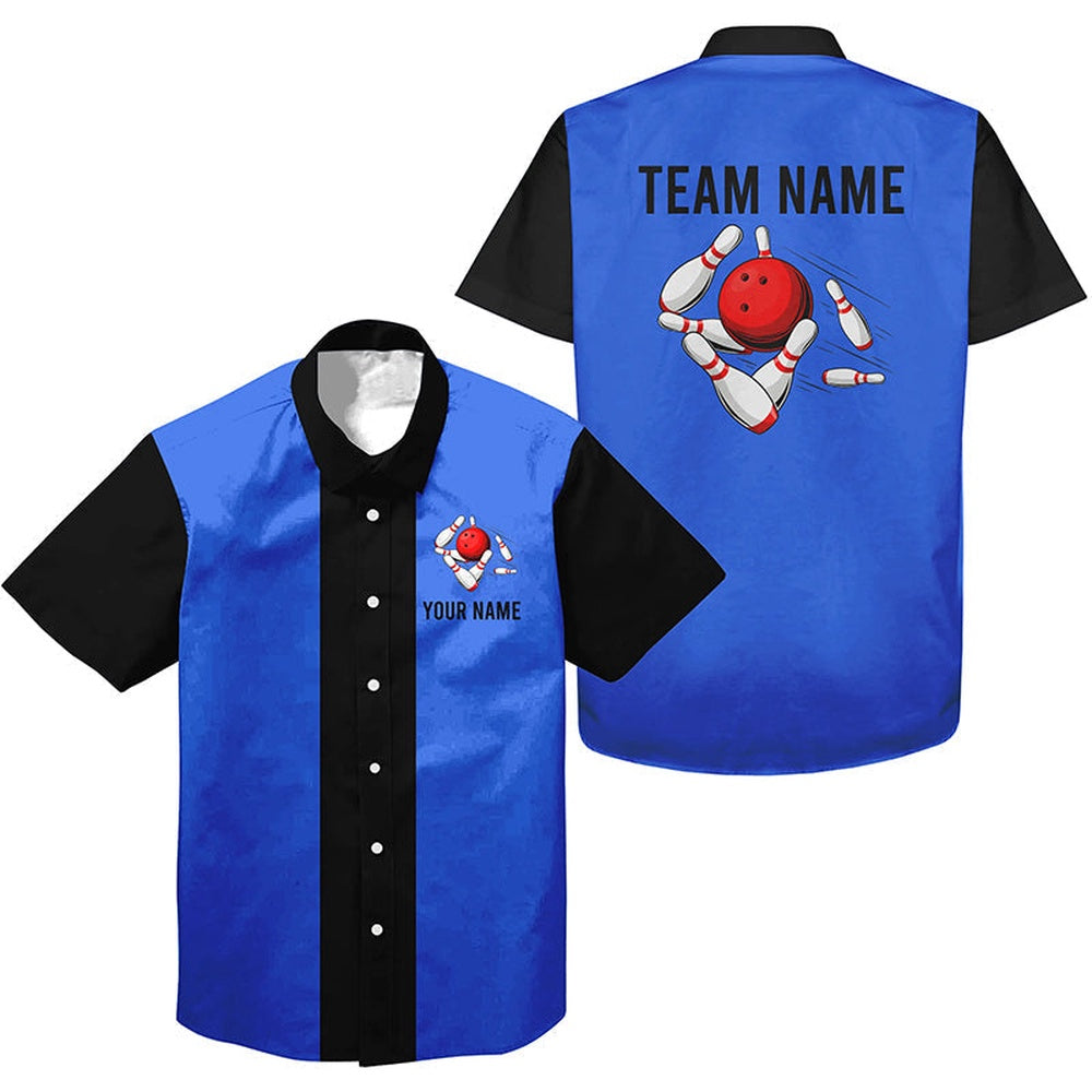 Bowling Hawaiian Shirt, Personalized Blue Black Retro Bowling Hawaiian Shirts, Custom Bowling Team Shirts