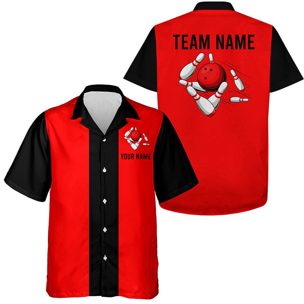 Bowling Hawaiian Shirt, Personalized Red Black Retro Bowling Hawaiian Shirts, Custom Bowling Team Shirts