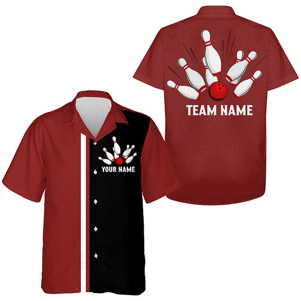 Bowling Hawaiian Shirt, Personalized Red White And Black Retro Bowling Hawaiian Shirts, Custom Bowling Team Shirts