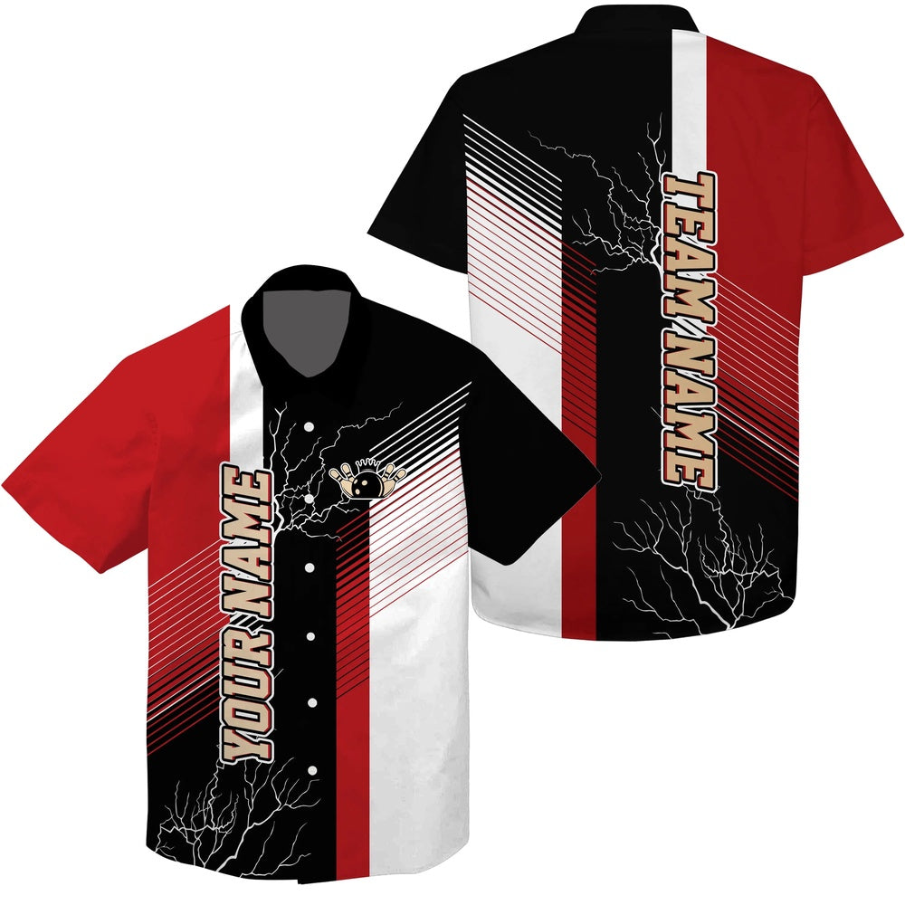 Bowling Hawaiian Shirt, Red And Black Plaid Pattern Lightning, Custom Team Name Hawaiian Shirt For Men, Custom Bowling Team Shirts