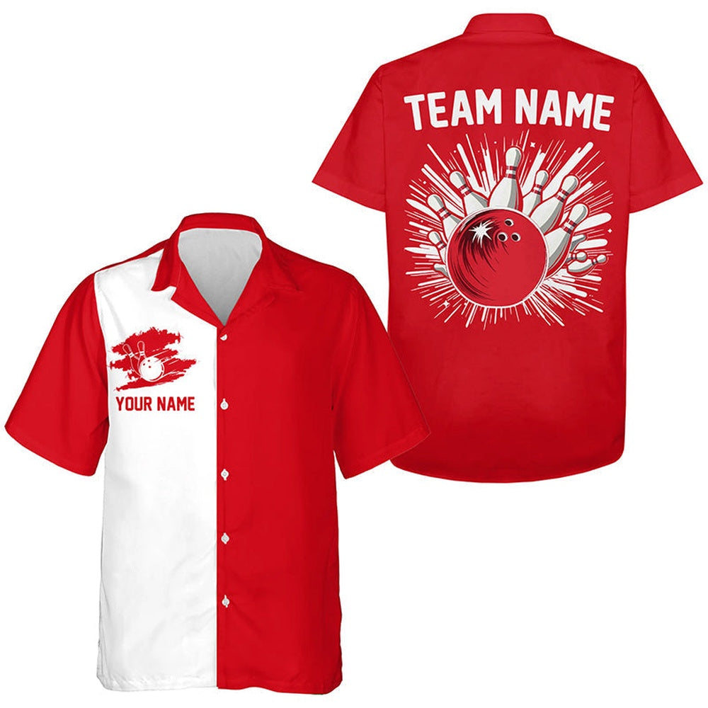 Bowling Hawaiian Shirt, Red And White Retro Bowling Hawaiian Shirts, Custom Bowling Team Shirts