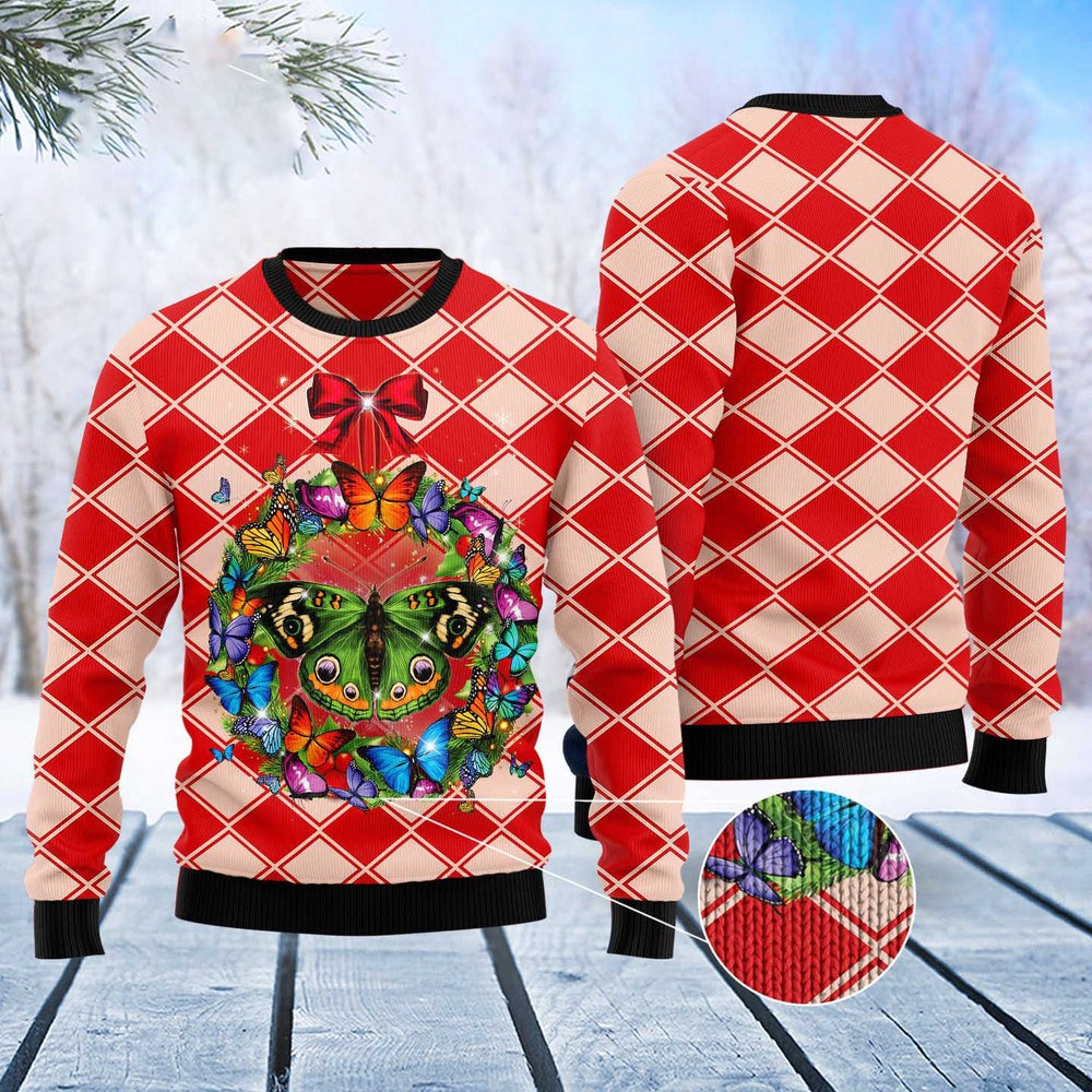 Butterfly Wreath Christmas Ugly Christmas Sweater, Funny Xmas Sweater, Sweater Xmas