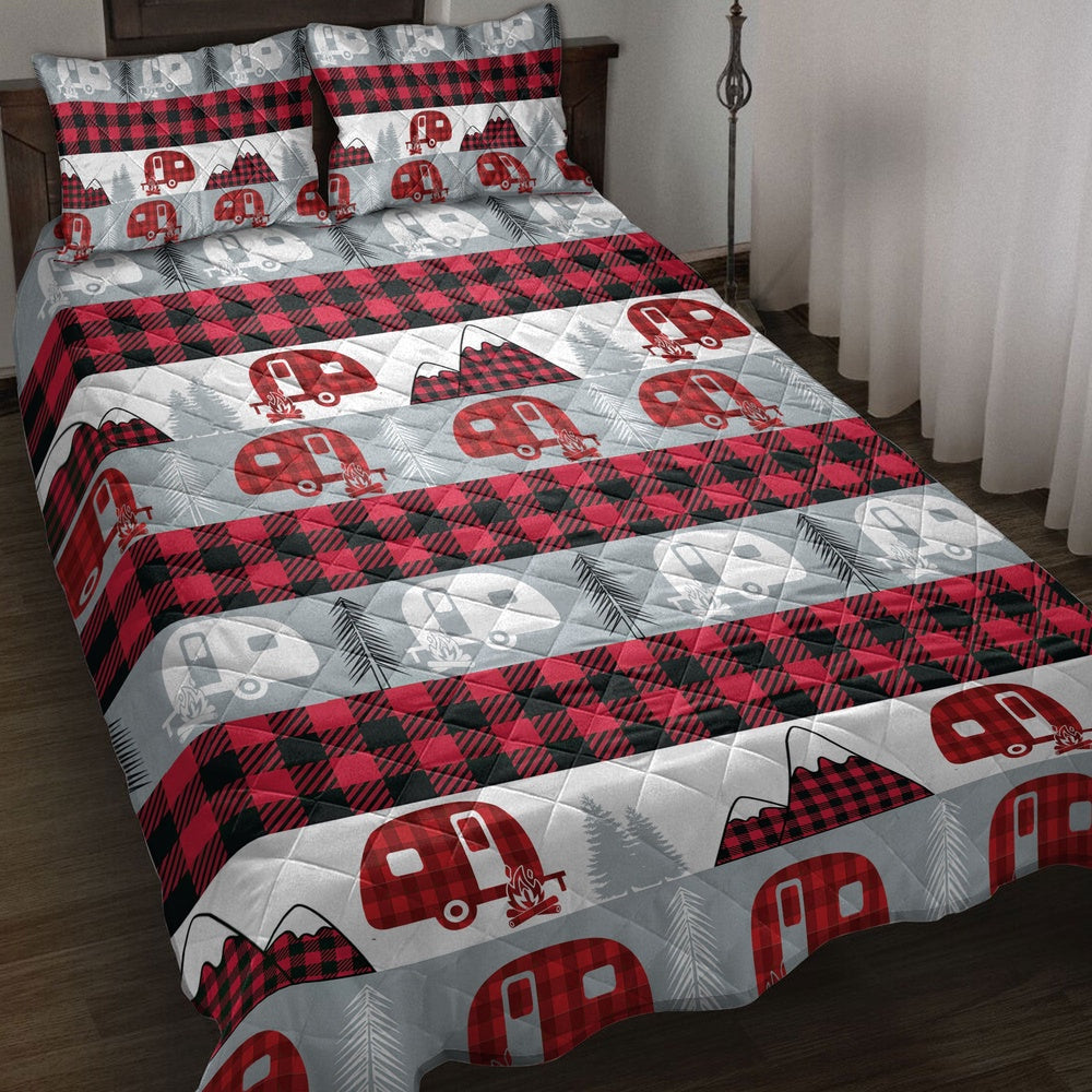 Camping Quilt Set, Christmas Camping Camper Red Buffalo Plaid Winter Holiday Quilt Blanket