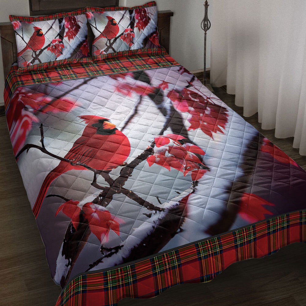 Cardinal Quilt Set, Cardinal Bird Snowflake Red Maple Leaf Buffalo Plaidmas Quilt Blanket