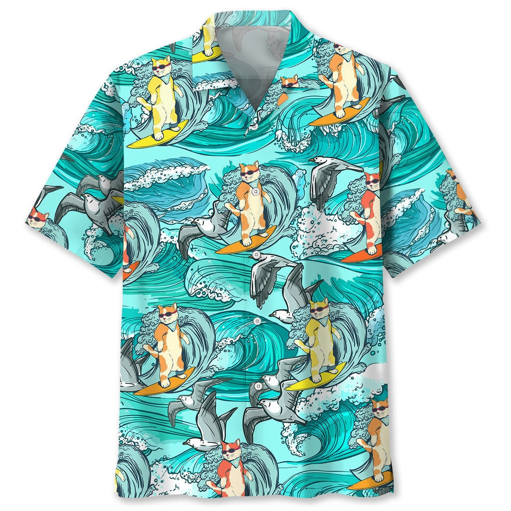 Cat Surfing Hawaiian Shirt, Cat Hawaiian Shirt, Funny Hawaiian Shirts