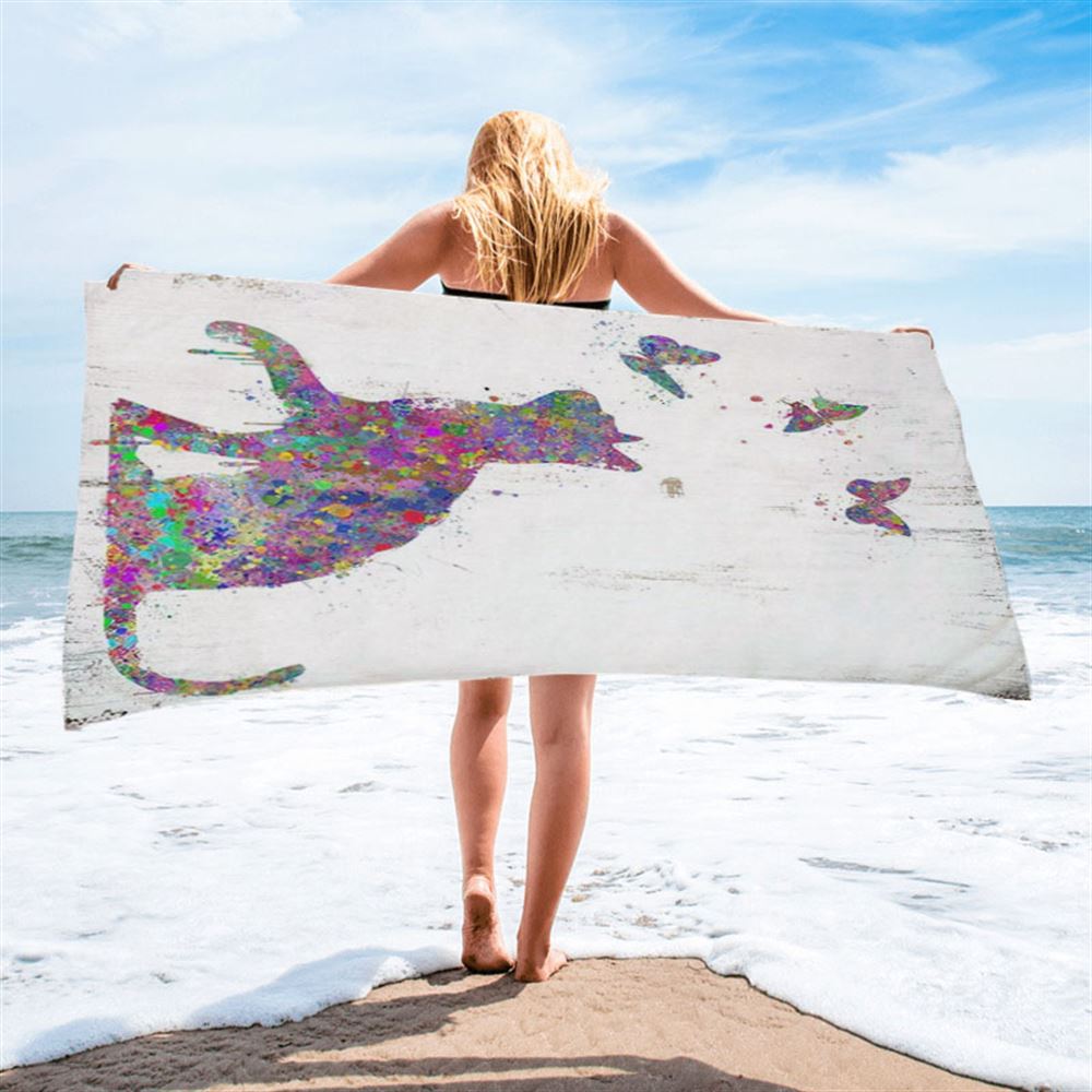 Cat With Butterflies Beach Towel - Decoration For Bedroom, Bathroom, Childrens, Girls, Baby Kids Room Or Nursery
