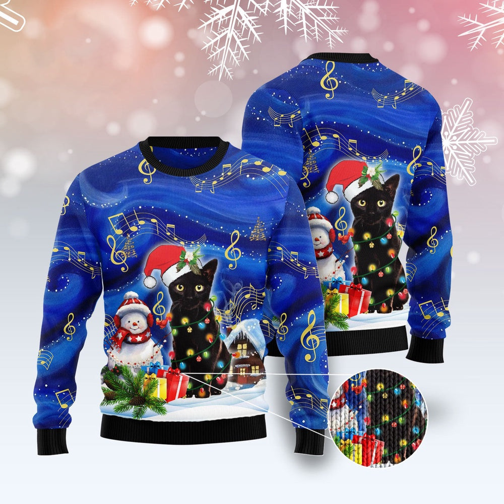 Cat Xmas Sweater, Black Cat Christmas Night Ugly Christmas Sweater, Sweater Xmas