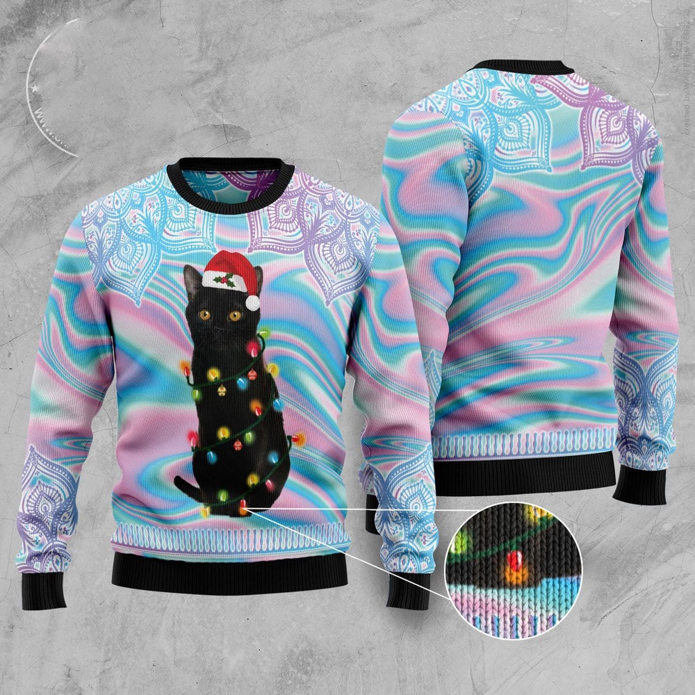 Cat Xmas Sweater, Black Cat Hologram Pattern Ugly Christmas Sweater, Sweater Xmas
