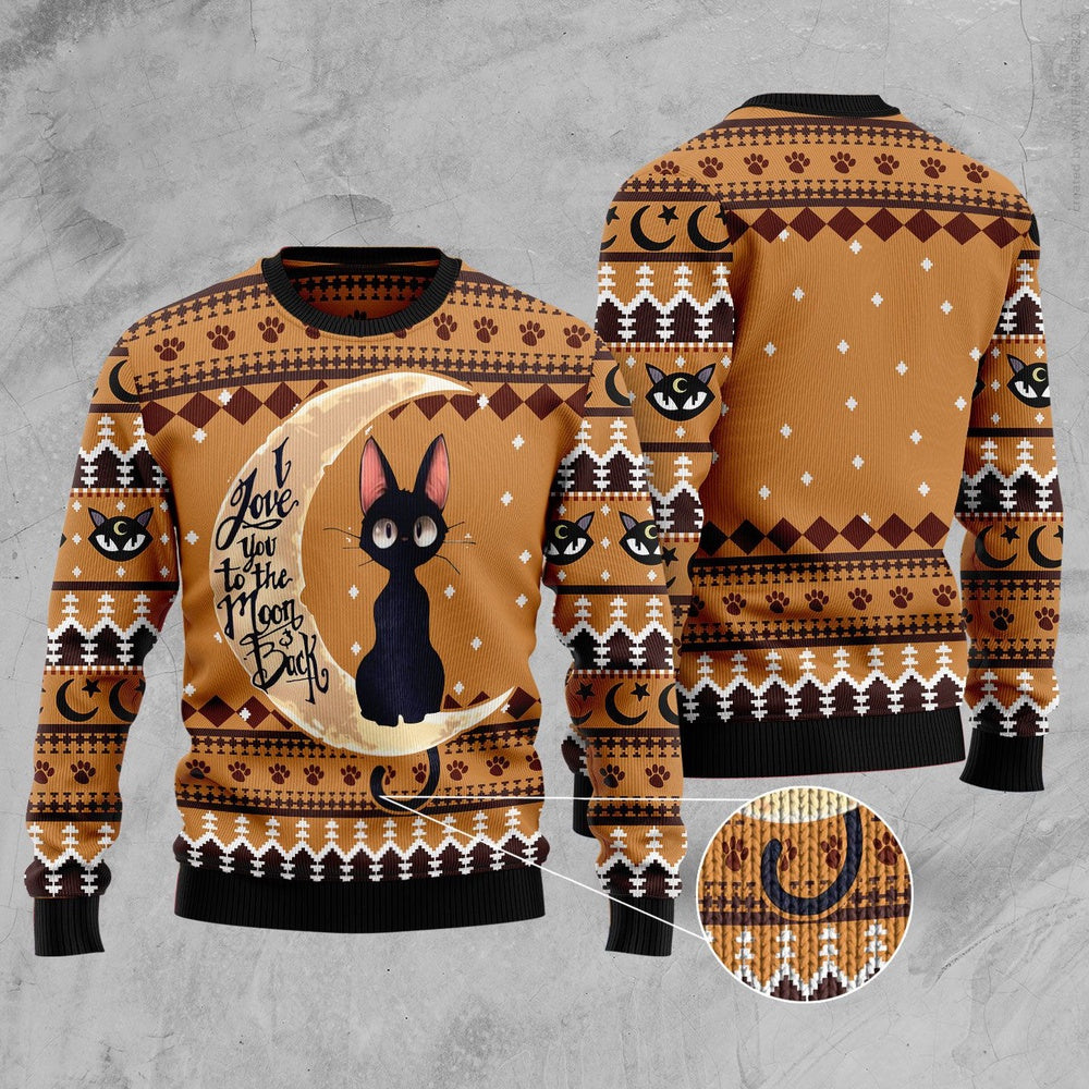 Cat Xmas Sweater, Black Cat Moon And Back Ugly Christmas Sweater, Sweater Xmas