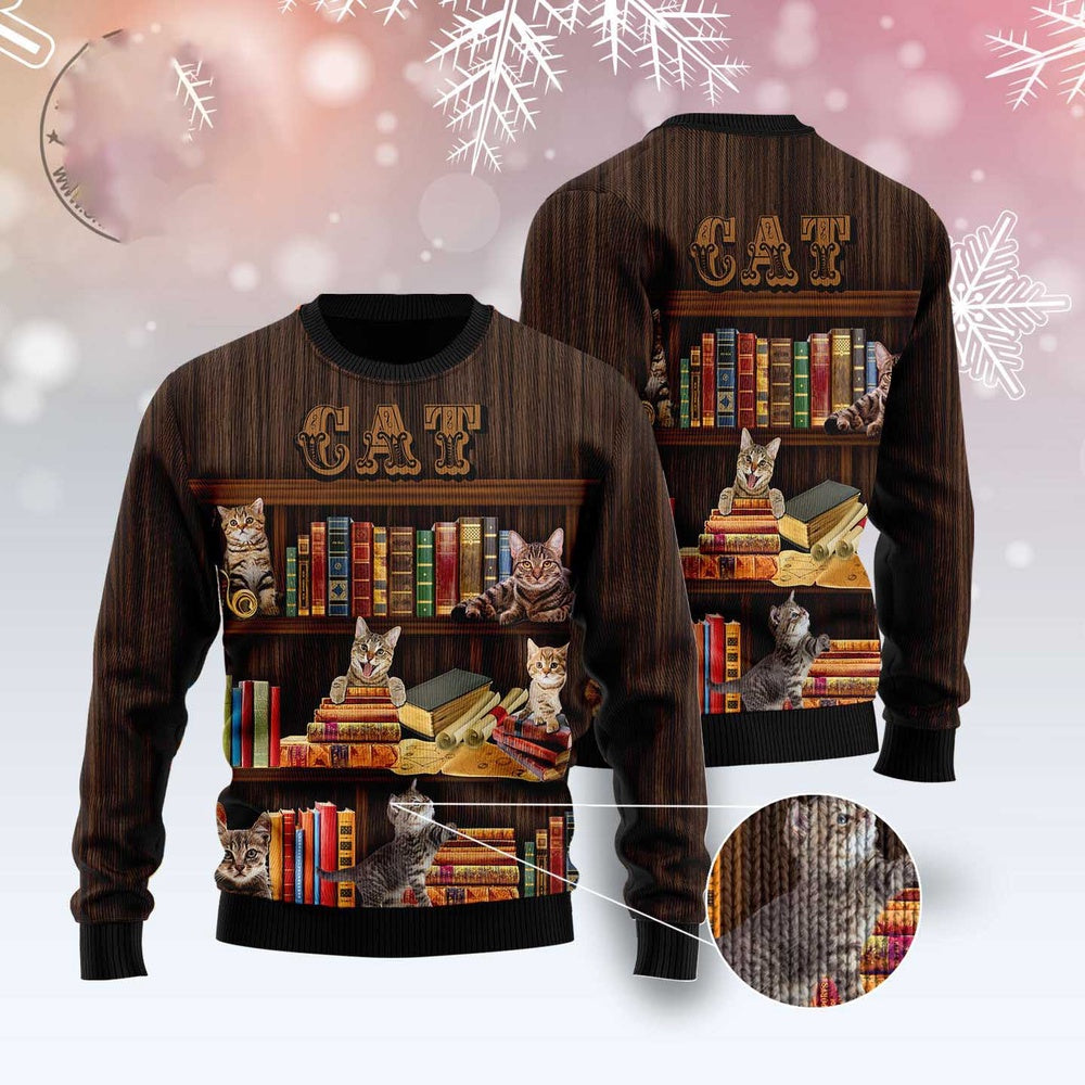 Cat Xmas Sweater, Cat Bookcase Ugly Christmas Sweater, Sweater Xmas